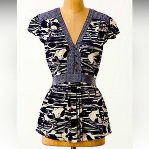 Anthro Silk tie back top- Blue & White